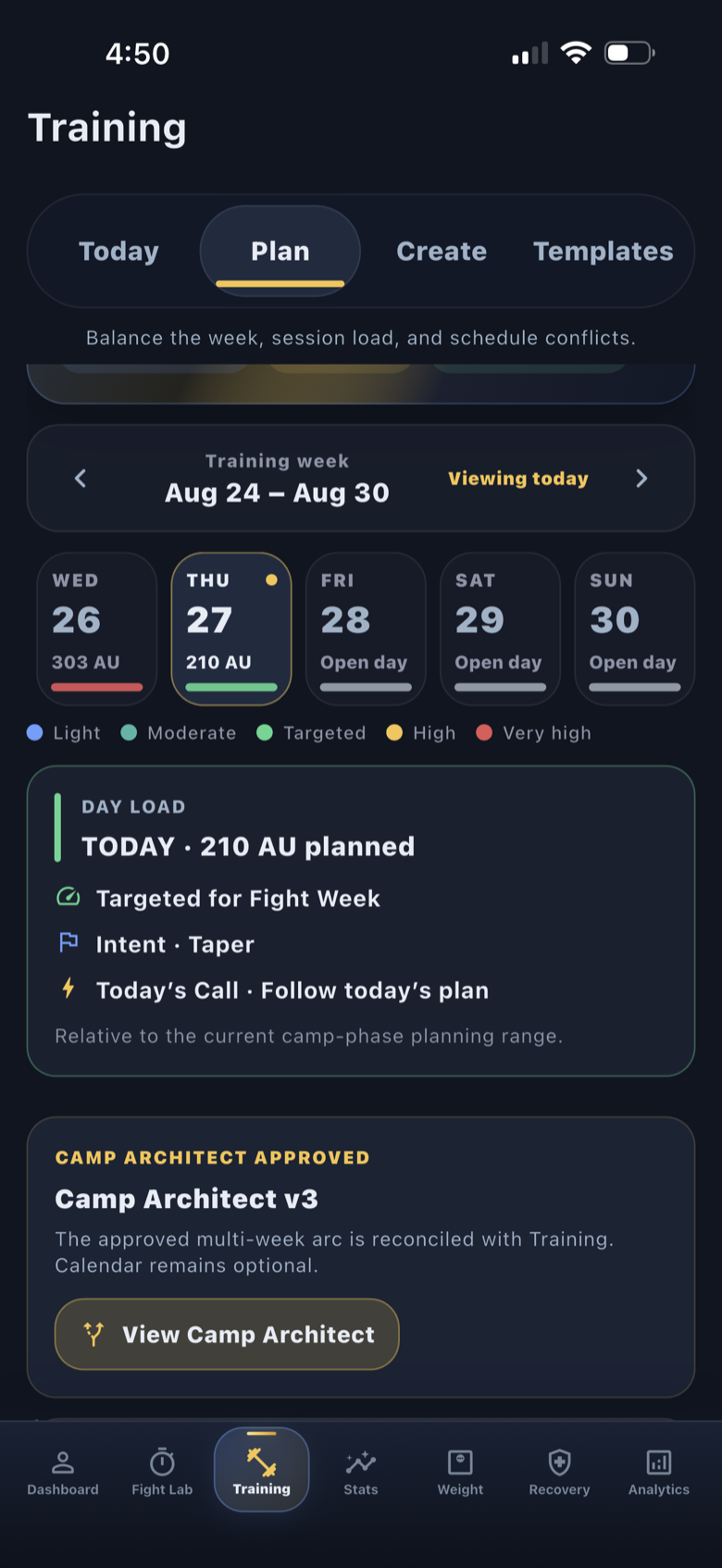 ATLAS PI Build 68 Training Plan showing fight-week day load and the approved Camp Architect plan.